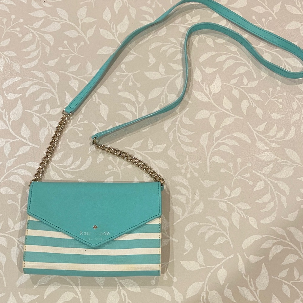 Kate Spade Turquoise/White Striped Fairmount Waller Crossbody Mini Envelope Bag